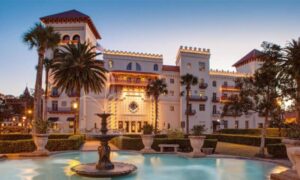 Casa Monica Resort and Spa at dusk, lighting up the fountain at Lightner Museum, St. Augustine Fl
