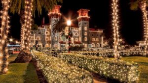 Nights of Lights twinkle lights lighting up bushes and building